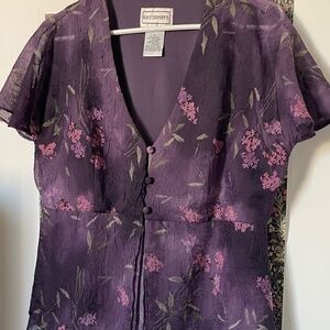 Vintage 90s Y2K Karin Stevens Sheer Purple Floral Blouse | Fairycore Top | Size